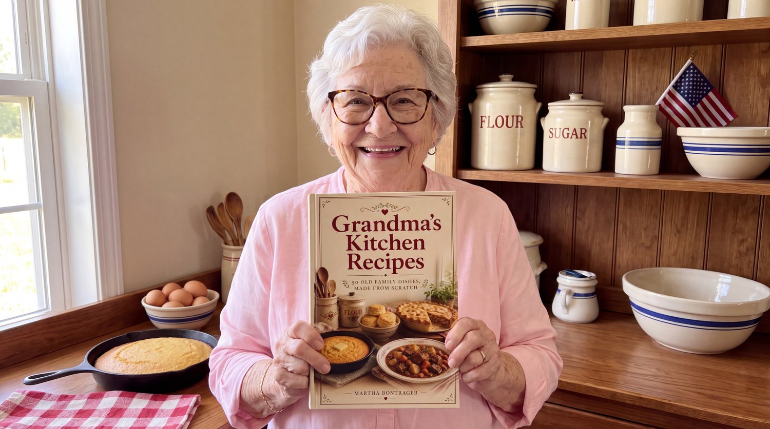 Grandma Martha holding the Kitchen Recipes book