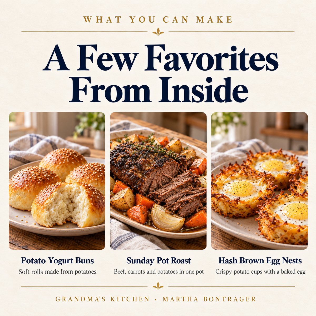 A few favorites from inside: Potato Yogurt Buns, Sunday Pot Roast, Hash Brown Egg Nests