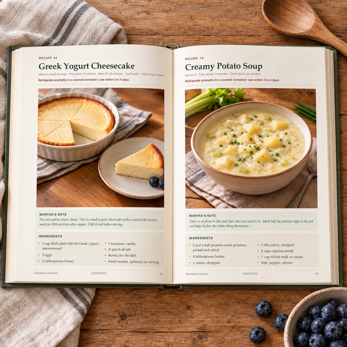 Inside the book: Greek Yogurt Cheesecake and Creamy Potato Soup