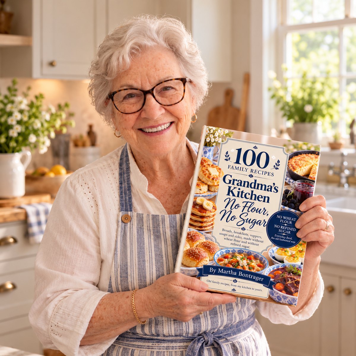 Martha holding her cookbook, Grandma's Kitchen: No Flour, No Sugar