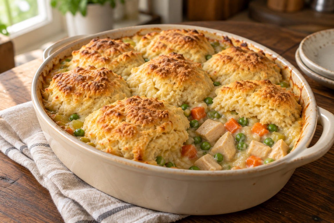 Chicken Pot Pie Under Biscuits