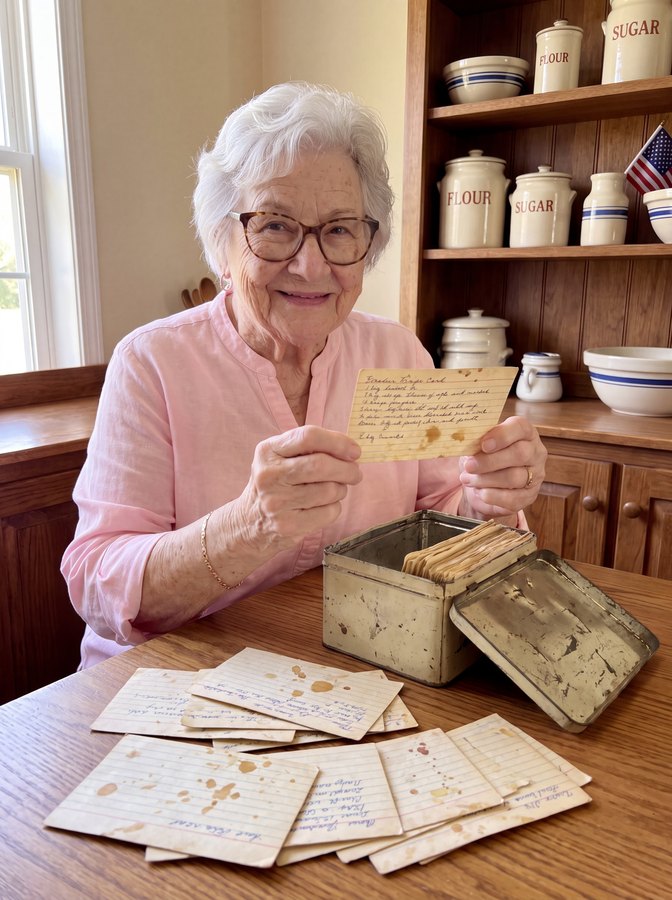Martha at her kitchen table with her mother's old tin recipe box