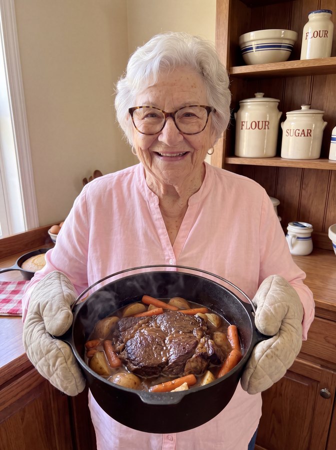 Martha lifting a Sunday pot roast out of a Dutch oven