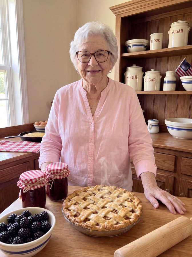 Martha with a fresh apple pie and jars of homemade jam
