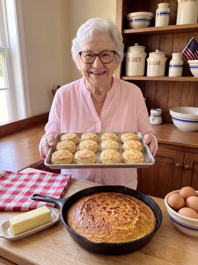 Martha pulling buttermilk biscuits and cornbread from the oven